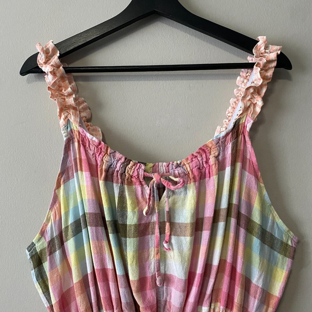 Handmade Plus Size Cotton Linen Pink Peach White Elastic Straps Dress - Picture 6 of 13